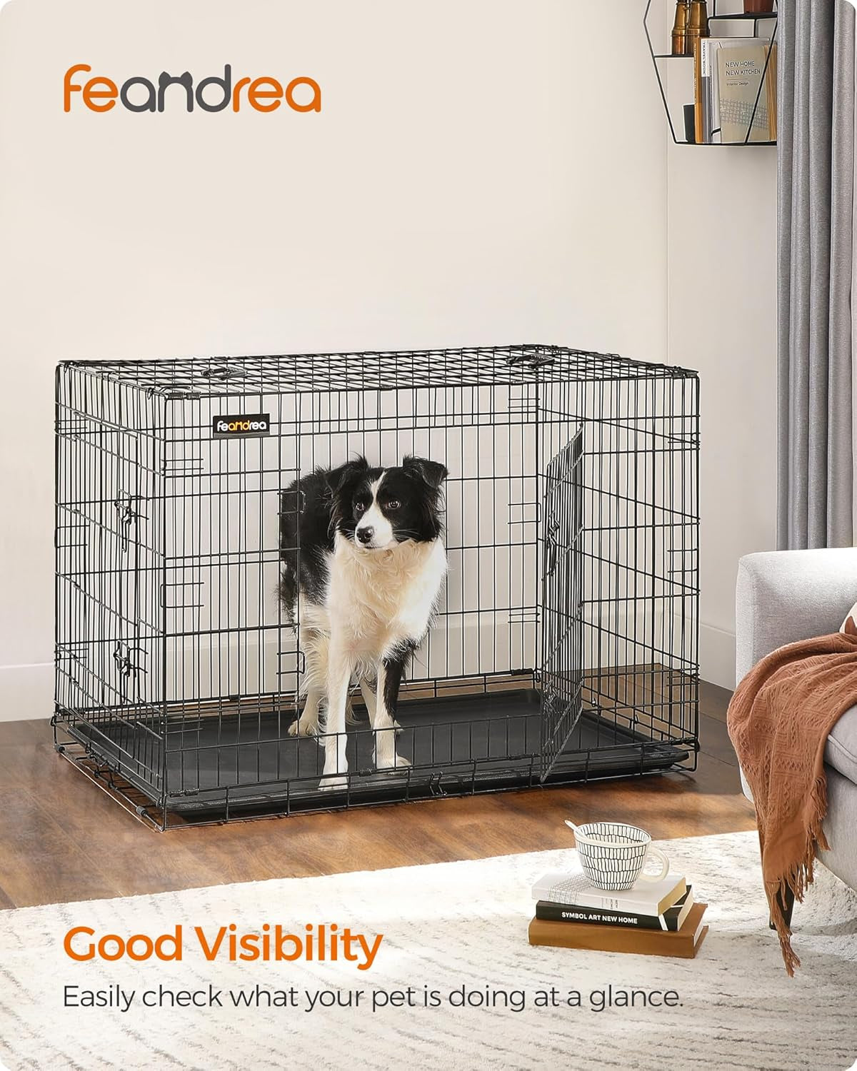Dog Crate, 42.1-Inch Foldable Dog Kennel with 2 Doors, Removable Tray, XL, Black UPPD42H