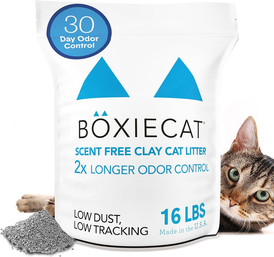 Boxie® Unscented 30 Day Odour Control Clumping Clay Cat & Kitty Litter 16 Lb, 99.9% Dust-Free, Hard Flat Top® Clumps, No Fragrances No Fillers, Long-Lasting, Easy to Scoop