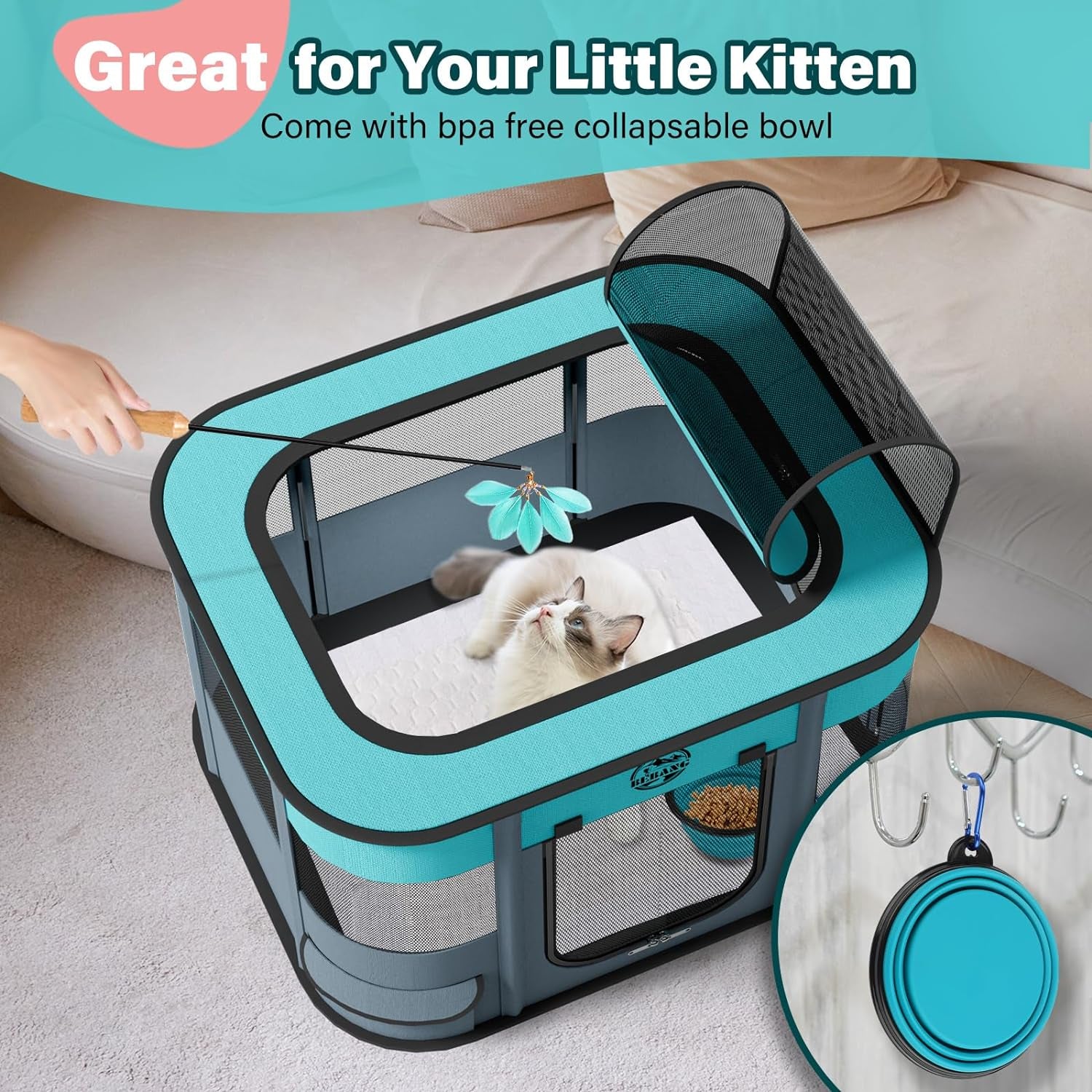 Dog Playpen, Puppy Play Pen for Indoors Pet Playpens Outdoor for Small Dogs Portable Foldable Crate Kennel House for Cats Rabbit Kitten with Carrying Bag + Food Bowl (Grey, S, 1)