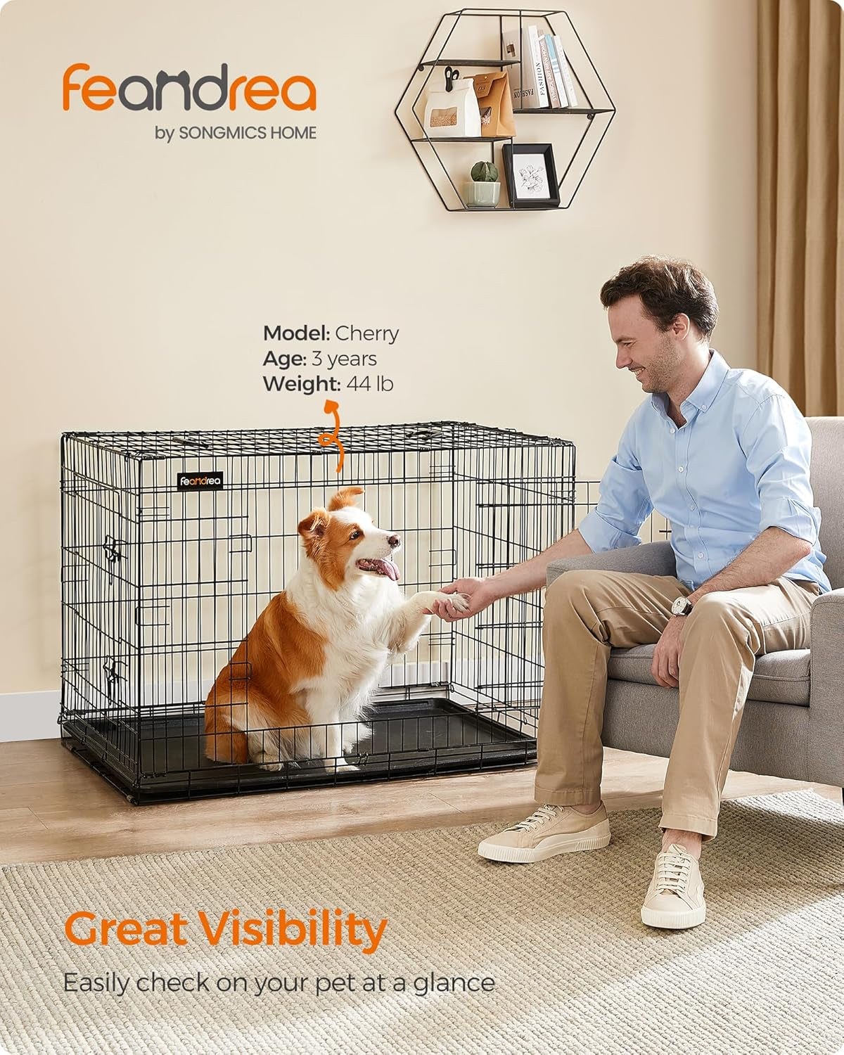 Dog Crate, 42.1-Inch Foldable Dog Kennel with 2 Doors, Removable Tray, XL, Black UPPD42H