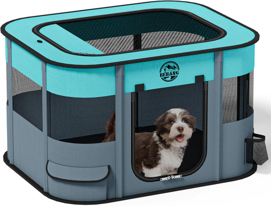 Dog Playpen, Puppy Play Pen for Indoors Pet Playpens Outdoor for Small Dogs Portable Foldable Crate Kennel House for Cats Rabbit Kitten with Carrying Bag + Food Bowl (Grey, S, 1)