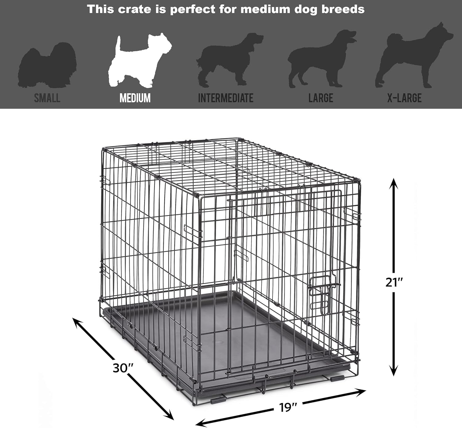 30" Folding Metal Dog Crate, Includes Leak-Proof Plastic Tray; Dog Crate Measures 30L X 19W X 21H Inches, for Medium Dog Breeds