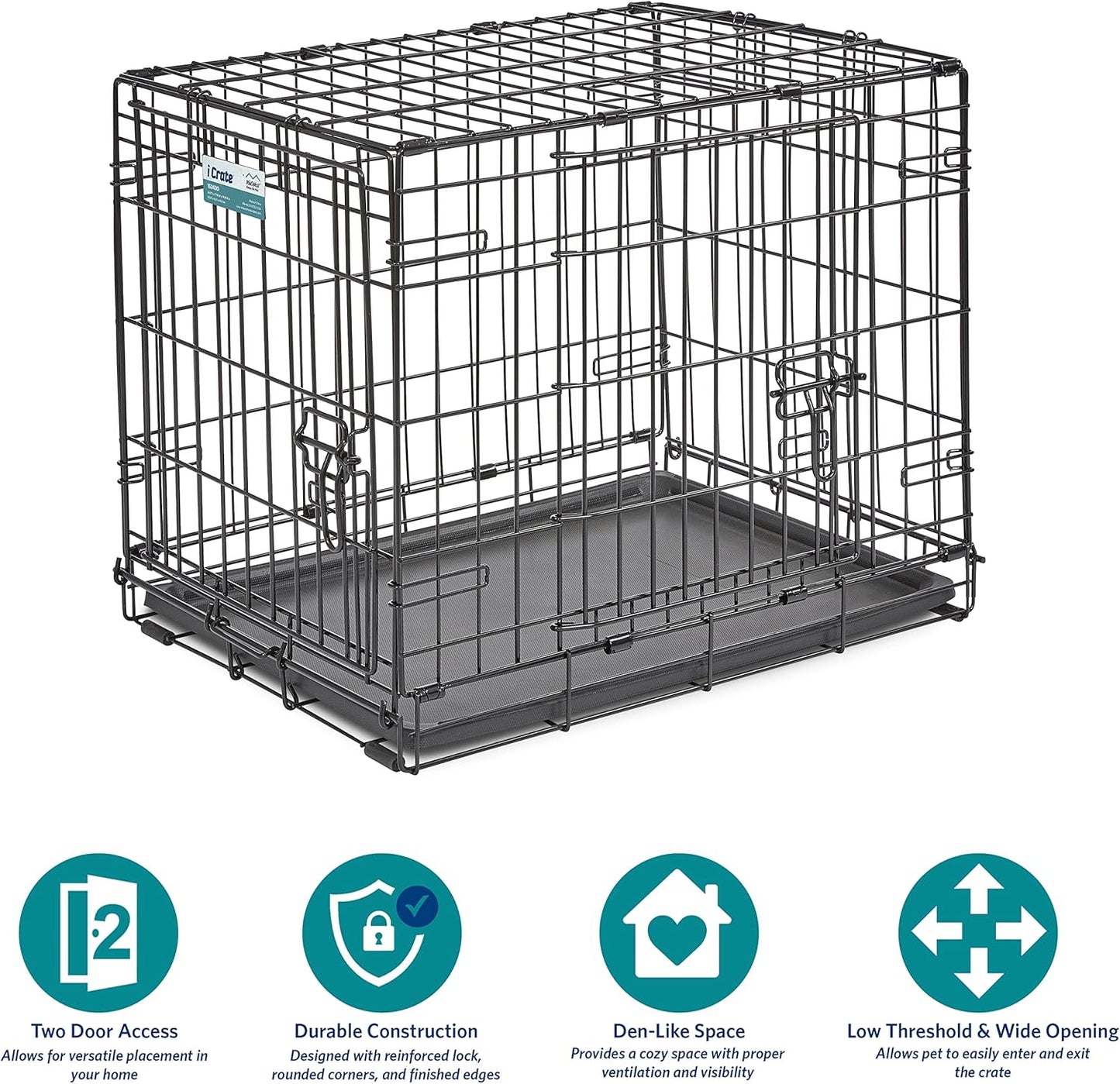 Double Door Icrate 60.96Cm Long Dog Crate, Includes Leak-Proof Pan, Floor Protecting Feet, Divider Panel and New Patented Features, Black, Model 1524DD