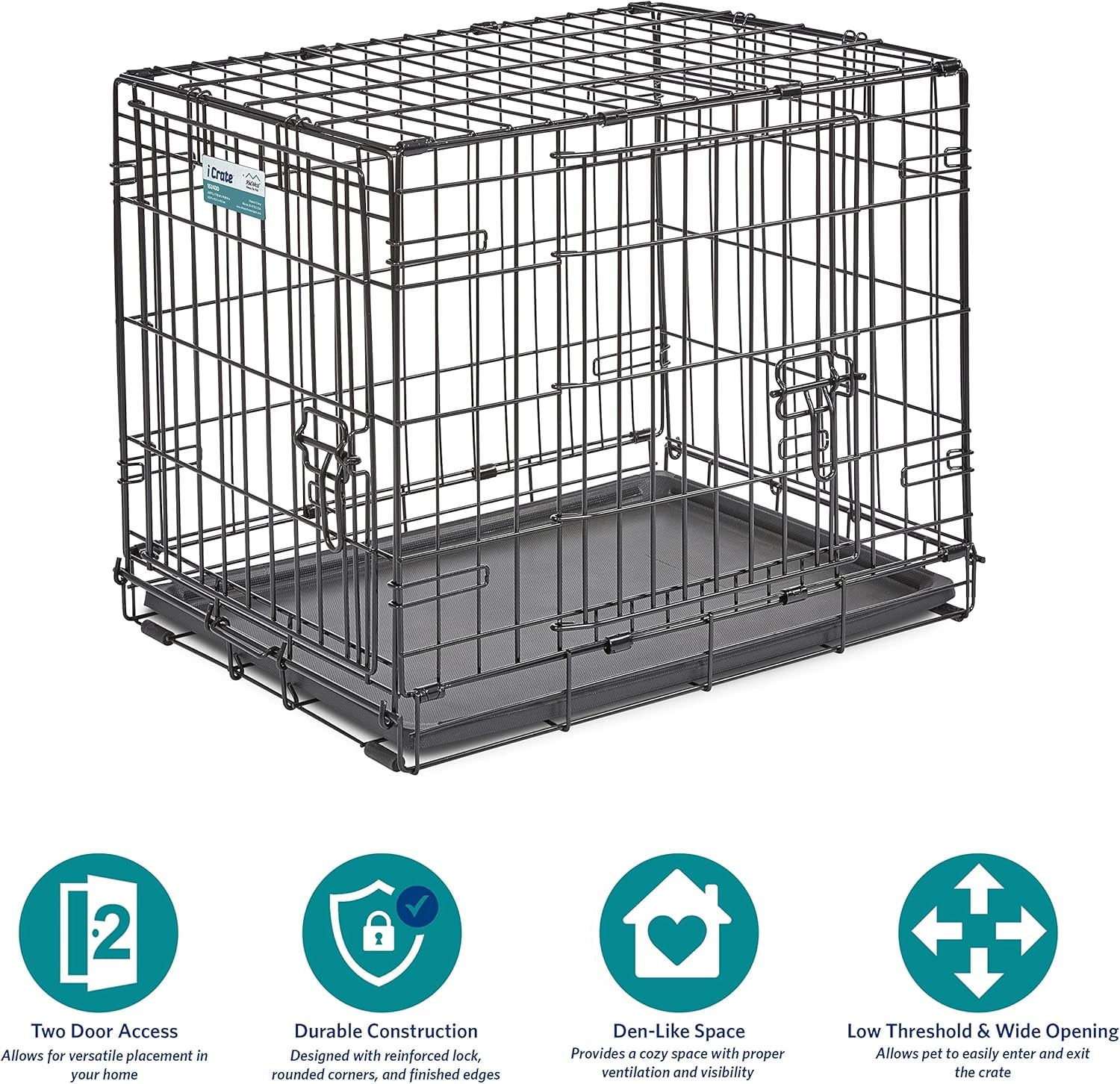 Double Door Icrate 60.96Cm Long Dog Crate, Includes Leak-Proof Pan, Floor Protecting Feet, Divider Panel and New Patented Features, Black, Model 1524DD