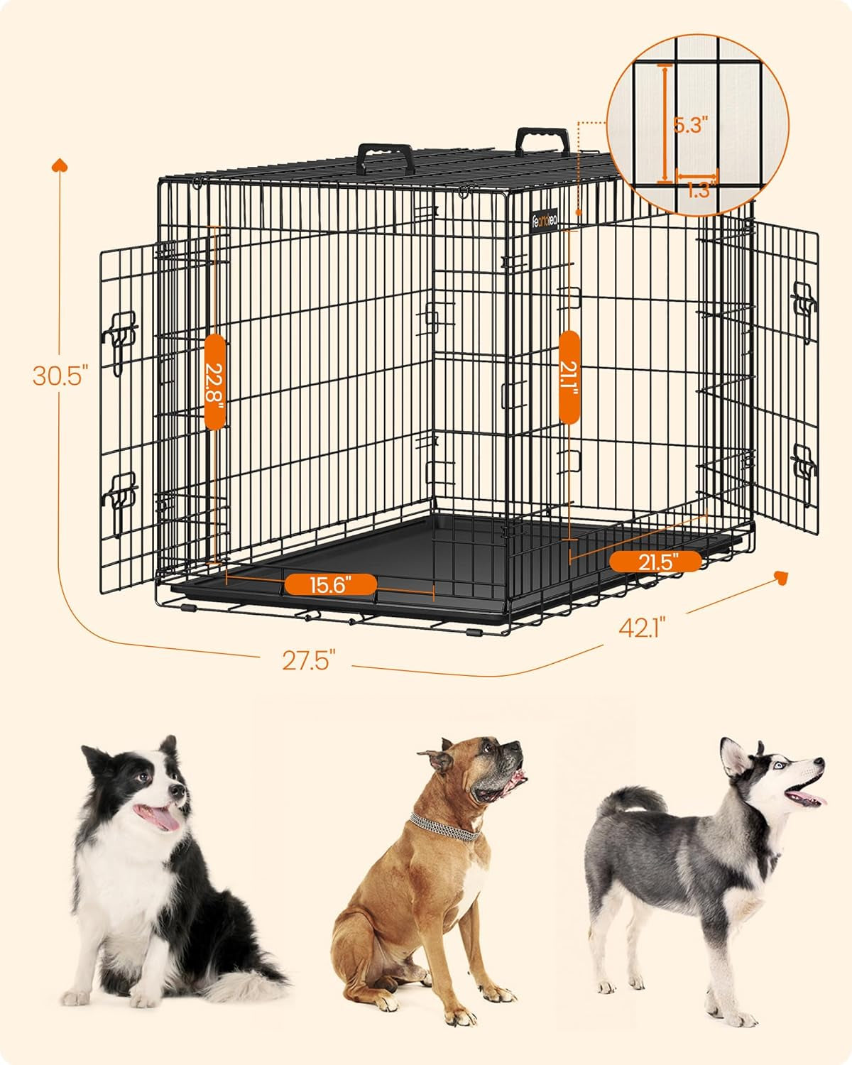 Dog Crate, 42.1-Inch Foldable Dog Kennel with 2 Doors, Removable Tray, XL, Black UPPD42H